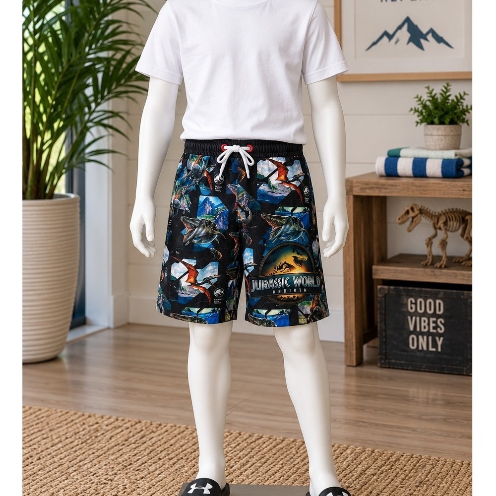 Jurassic World Boys Swim Shorts Black Dinosaur Print Rebirth UV50 Size 8
